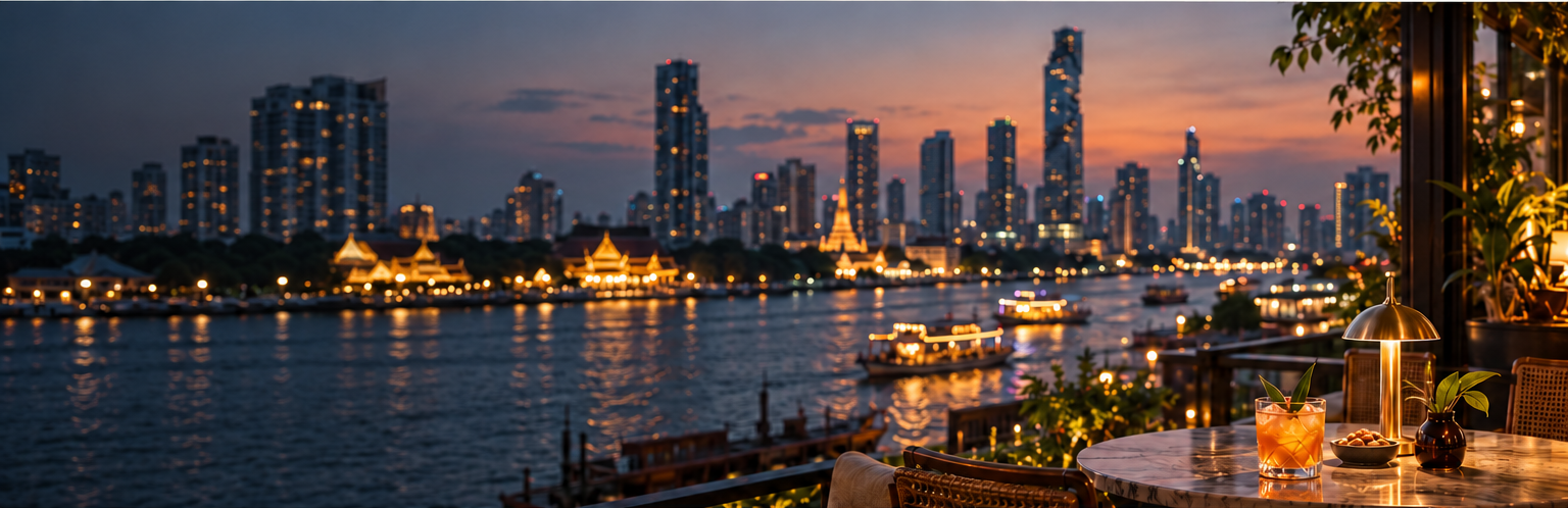Bangkok riverside terrace at dusk (illustrative)